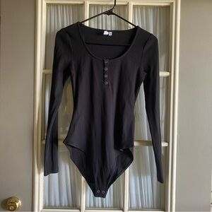 & Other Stories Ribbed Henley Black Long Sleeve Bodysuit